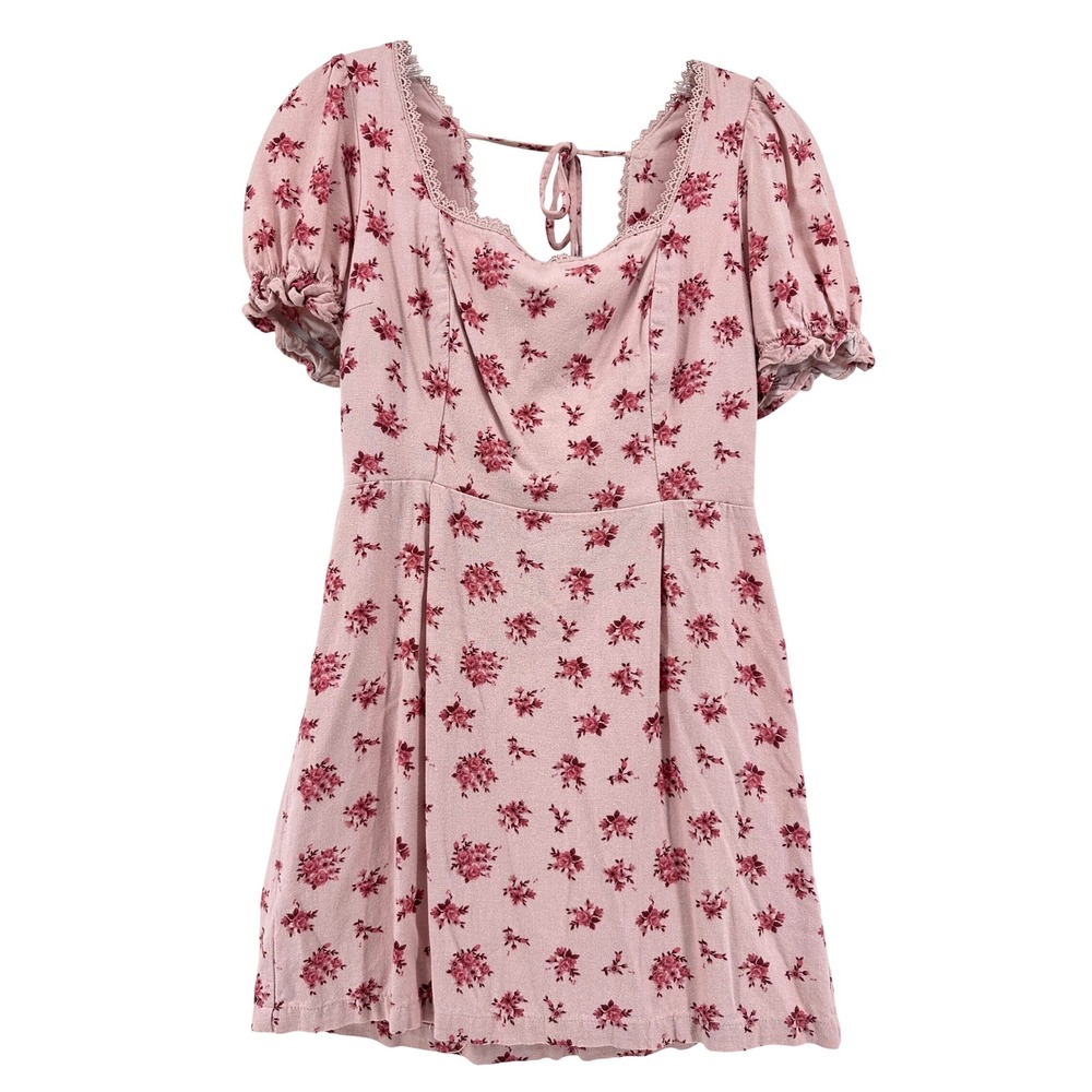 Womens Pink Floral Linen Blend Puff Sleeve Mini Dress M Romantic Coquette Fairy